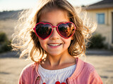 little girl adorns a pair of heart-shaped sunglasses