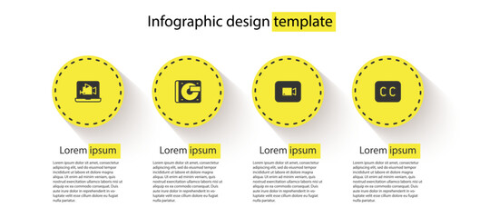 Poster - Set Online play video, Vinyl player with vinyl disk, Play button and Subtitles. Business infographic template. Vector