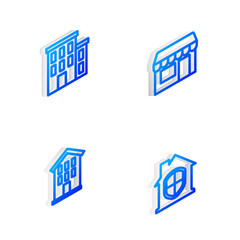 Sticker - Set Isometric line Market store, House, and under protection icon. Vector