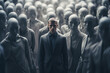A man in business attire, standing with a look of quiet resolve amidst a sea of faceless, uniform figures. Individuality versus conformity concept