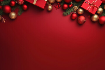 Wall Mural - Festive Christmas or New Year red background with decorations and gift boxes. Top view.