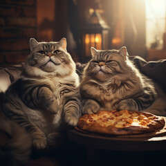 Poster - Two chubby cat with pizza