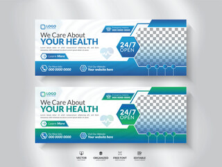 Modern professional medical healthcare social media cover design template with gradient colour, Social media cover page timeline, web banner ads design template.