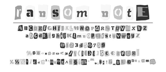 Ransom halftone collage style letters numbers and punctuation marks cut from newspapers and magazines. Vintage ABC collection. Black and white alphabet Typography vector illustration