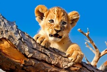 Cute Lion Cub Gnawing Bone Under Tree Against Blue Sky. Generative AI