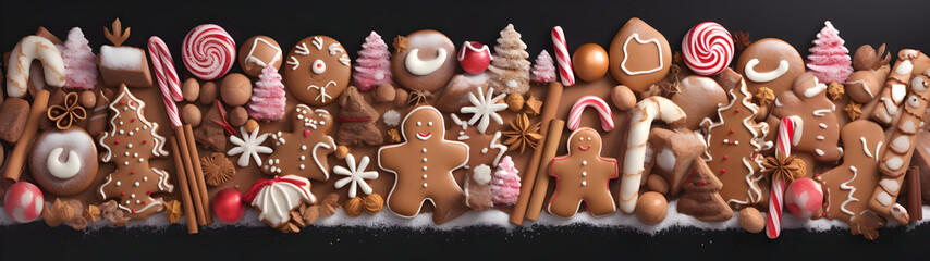 abstract background with christmas gingerbread pieces and cookies on brown background. horizontal co