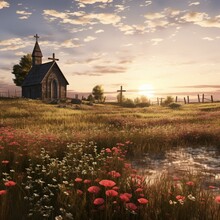 AI Generated Illustration Of A Picturesque Church With A Tall Spire Surrounded By Vibrant Grass