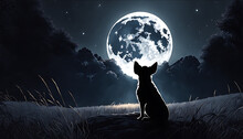 Under The Light Of A Giant Moon, A Curious Black Pup Sits Gazing Upwards Amid Tall Grass, Taking In The Magical Night Sky In This Serene Cartoon Scene.