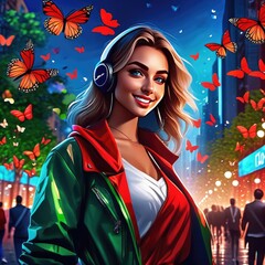  Girl and butterflies. A girl in the metropolis. A girl with headphones listening to music, laughing surrounded by butterflies. The girl is in love, Butterflies in her stomach. Girl falling in love