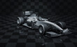 A 3D monochrome illustration of a generic formula one racing car, set against a checkered themed backdrop.