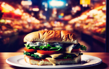 Wall Mural - Sandwich on wooden table in night city.