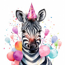 Zebra And Birthday Party Illustration, Generative Ai