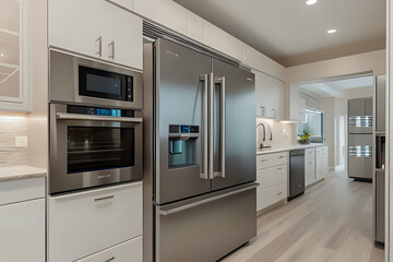 Luxurious two refrigerator, home interior offering steel and the kitchen cabinetry. Modern kitchen interior