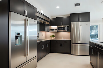 Luxurious two refrigerator, home interior offering steel and the kitchen cabinetry.