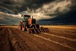 A tractor pulling a harrow in a field with cloudy sky. Generative AI