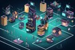 Illustration of digital assets in a blockchain-based virtual world or urban concept. Generative AI