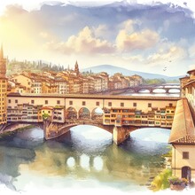 Watercolors Of Ponte Vecchio In Florence. Generative Ai