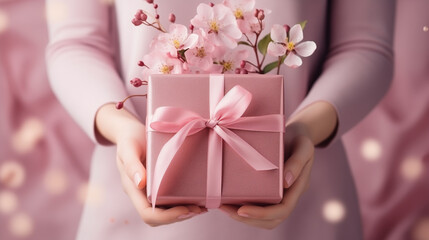 Wall Mural - holding gift with ribbons on a pastel background. copy space. top view. flat lay. concept of mother's day, valentines day, eighth of march