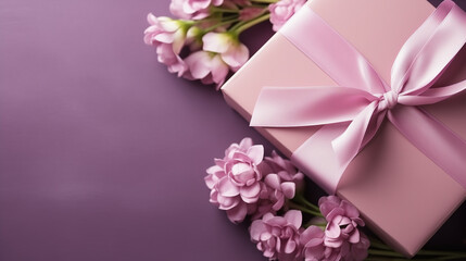 Wall Mural -  festive layout with flowers and a gift with ribbons on a pastel background. copy space. top view. flat lay. concept of mother's day, valentines day, eighth of march