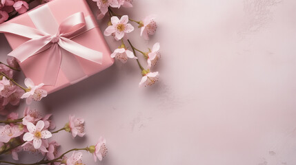 Wall Mural -  festive layout with flowers and a gift with ribbons on a pastel background. copy space. top view. flat lay. concept of mother's day, valentines day, eighth of march