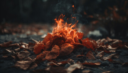 Wall Mural - Burning autumn leaves create vibrant multi colored inferno in forest generated by AI