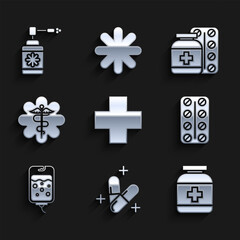 Wall Mural - Set Cross hospital medical, Medicine pill or tablet, bottle, Pills blister pack, IV bag, Emergency star symbol Caduceus snake with stick, and pills and Medical nozzle spray icon. Vector