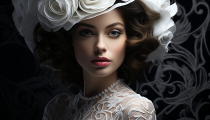 Poster - Beautiful woman with curly brown hair, wearing a wedding dress generated by AI