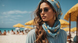 Fototapeta  - Photo of cool pretty lady relax summer vacation trip wear head scarf protect from summer over blue background.