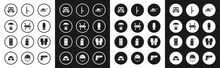 Sticker - Set Military tank, Barbed wire, Airdrop box, Gas mask, Aviation bomb, Police rubber baton, Binoculars and Dynamite and timer clock icon. Vector