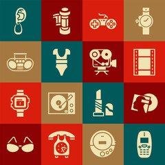 Wall Mural - Set Old mobile phone, Vinyl disk, Play Video, Gamepad, Swimsuit, Home stereo with two speakers, Ear earring and Retro cinema camera icon. Vector