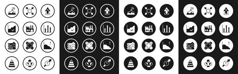 Sticker - Set Percent up arrow, Factory, Financial growth increase, Mountains with flag, Pie chart infographic, Many ways directional, decrease and Graph, chart, diagram icon. Vector