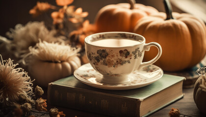 Sticker - Autumn heat, a pumpkin latte on a rustic table decor generated by AI