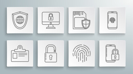 Poster - Set line Identification badge, Lock computer monitor screen, Open padlock, Fingerprint, Smartphone with closed, SD card and shield, fingerprint scanner and Shield world globe icon. Vector