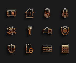 Sticker - Set line Shield, Smartphone with security shield, Safe, Firewall, wall, Password protection and safety access, Key, world globe and Cloud computing lock icon. Vector