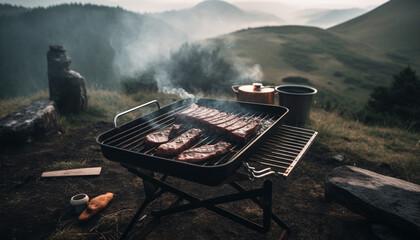 Poster - Grilled steak and pork on a plate, a campfire feast generated by AI