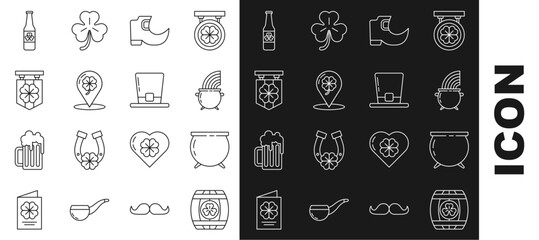 Sticker - Set line Wooden barrel with four leaf clover, Witch cauldron, and rainbow, Tradition leprechaun boots, Location, Street signboard, Beer bottle and Leprechaun hat icon. Vector