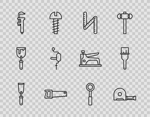 Canvas Print - Set line Putty knife, Roulette construction, Folding ruler, Hand saw, Calliper or caliper scale, drill, Wrench spanner and Paint brush icon. Vector