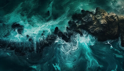 Poster - Breaking waves crash against rocky cliff, splashing in beauty generated by AI