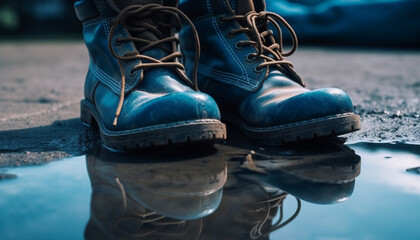 Poster - A muddy hiking boot, reflecting adventure and rugged elegance outdoors generated by AI