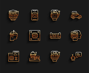 Sticker - Set line Motherboard digital chip, Robot humanoid driving car, low battery charge, Bot, Processor with microcircuits CPU, Humanoid robot and blueprint icon. Vector