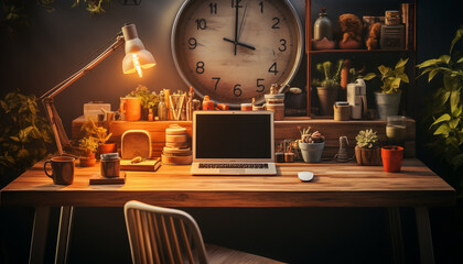 Sticker - A modern office desk with a computer, clock, and plant generated by AI