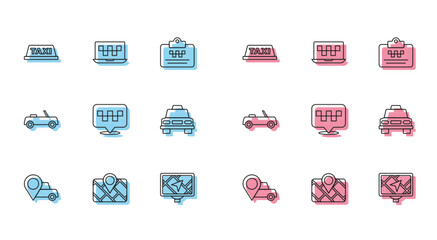 Sticker - Set line Location with taxi, Gps device map, Taxi car roof, Car and Laptop call service icon. Vector