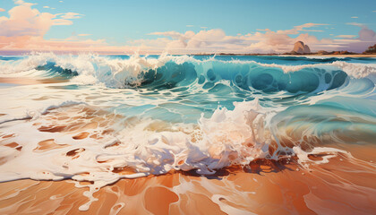 Wall Mural - Sunset over the coastline, waves crashing, nature beauty in motion generated by AI