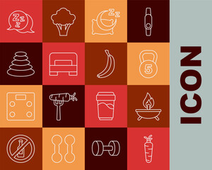 Poster - Set line Carrot, Aroma candle, Weight, Time to sleep, Big bed, Stack hot stones, Sleepy and Banana icon. Vector