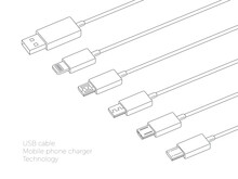 Set Of USB Cable Icons, Mobile Phone Charger, Vector Illustration.