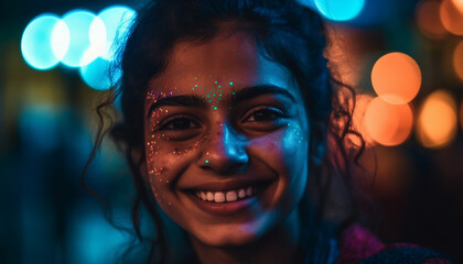 Wall Mural - A glowing night of celebration, one woman joyful toothy smile generated by AI