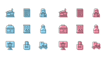 Sticker - Set line Shopping cart on computer, bag with recycle, Tin can caviar, Hand truck and boxes, Canned food, Spice, Market store and Calculator icon. Vector