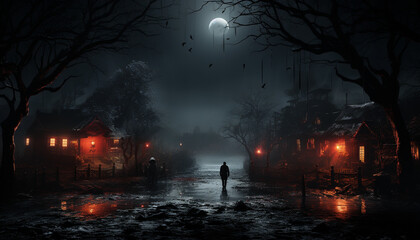 Sticker - Spooky Halloween night, dark silhouette walking through foggy forest generated by AI