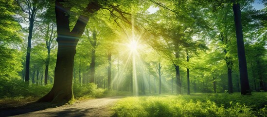 Sticker - Enchanted forest serenity. Capturing magic of sunlight and mist in nature realm. Woodland magic. Sunbeams and create an ethereal morning