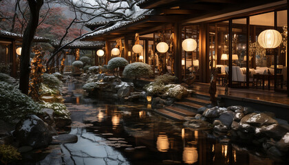 Poster - Night lanterns illuminate the tranquil Japanese garden, reflecting nature beauty generated by AI